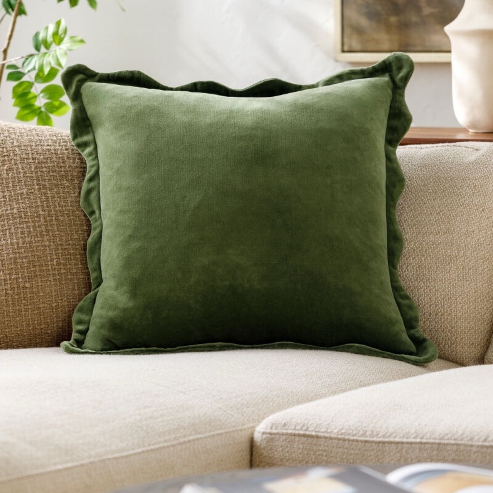 Surya Effervescent 20x20 Green Velvet Throw Pillow cover | Scalloped Edge Luxury